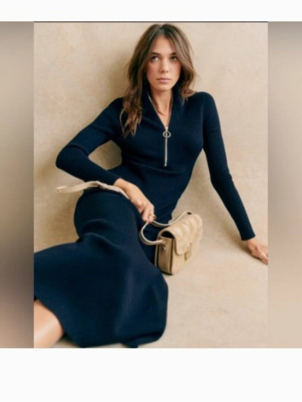 Sezane Alina Wool Ribbed Knit Midi Dress Long Sleeve Navy Blue Sz M